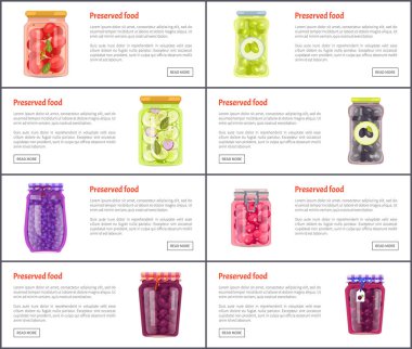 Preserved fruit and vegetables set vector illustration. Salt tomato, olive and veggy salad, and sweet blueberry, cherry and plum jam in glass jars