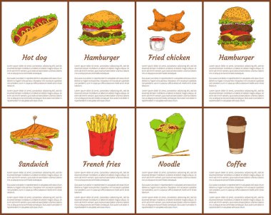 Hot dog and hamburger fast food posters set. French fries potatoes, fried chicken sauce in bowl. Noodles in box with chopsticks vector illustration