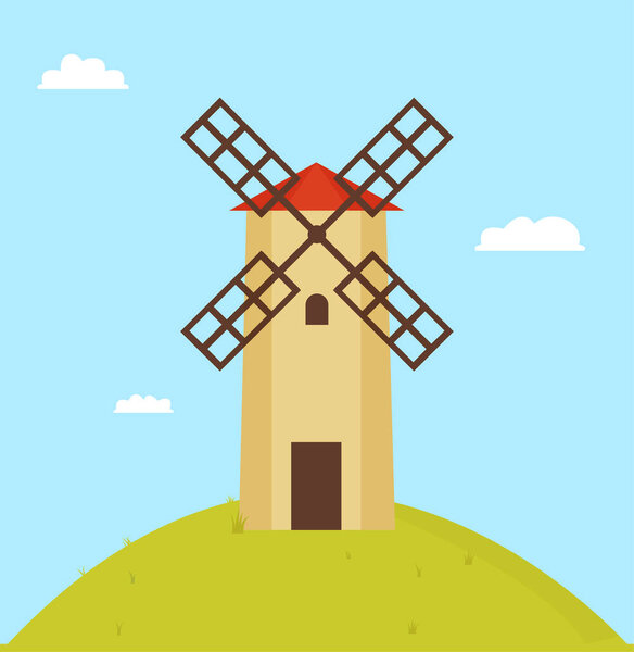 Windmill on round hill color vector illustration, abstract factory for wheat conversion to flour, long building with wooden propeller and four paddles