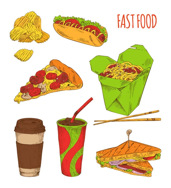 Fast Food Snack Set Isolated White Backdrop Vector Illustration Fatty — Vetor de Stock