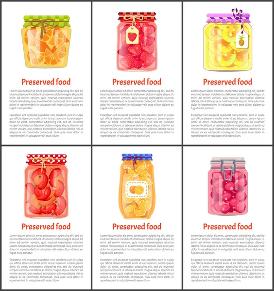 Preserved Fruit Vegetables Set Vector Illustration Strawberry Cherry Pineapple Orange — Διανυσματικό Αρχείο