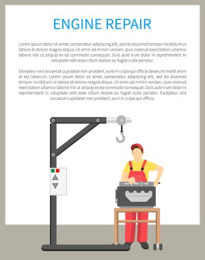 Engine repair of car service, banner and text with title, working construction, standing on floor, helping to fix transports, vector illustration