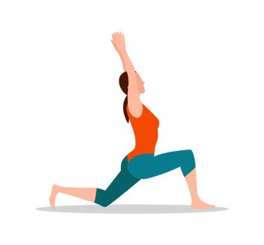 Crescent lunge pose of yoga, sportive flexible woman wears training suit, lady keeps healthy and fit lifestyle isolated cartoon vector illustration.