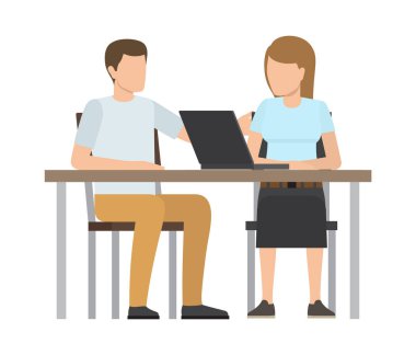 Working people by table, new technologies and usage of laptop while doing tasks researches, analysis woman man vector illustration isolated on white