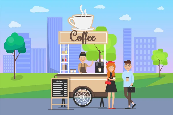 Hot Coffee Street Cart Vendor Buyers City Center Tasty Beverages — Stockvektor