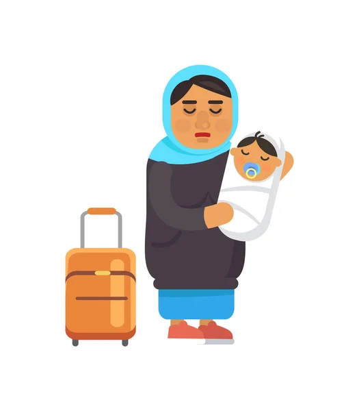 Female Refugee Newborn Baby Suitcase Arabian Woman Holds Small Child — Διανυσματικό Αρχείο