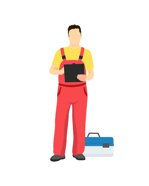 Car Repair Service Worker Uniform Toolkit Box Man Holds Notepad — 스톡 벡터