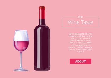 Red wine taste poster bottle of burgundy vino and glass of merlot isolated on pink. Elite classic alcoholic drink in modern glassware web banner
