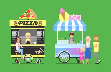Tasty pizza sweet ice-cream on street carts with vendors. Pizzas wagon menu and flavored frozen food trolley isolated vector illustrations set, customers buyers