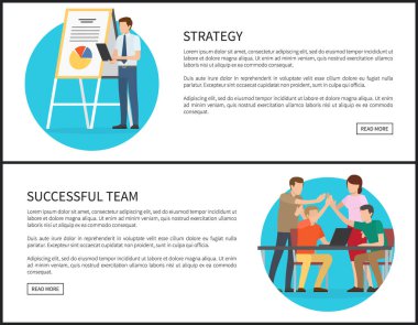 Strategy and successful team banners. Business startup components online posters. Partnership concept in work, cooperation success vector illustration