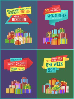 Exclusive product discount set with ribbons. Best choice limited time only one week sales. Gifts and presents with abstract patterns vector, wrapped boxes