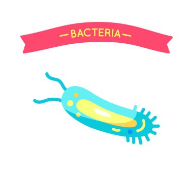 Bacteria closeup virus cell, microorganism vector icon. Colorful bacterium with long tails, organelles and flagella, with caption on ribbon at top