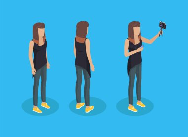Photographer worker set icons back profile and front view of lady with camera. Model taking selfie holding mobile phone in hand isolated on vector