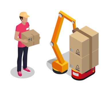 Plant worker holding cardboard box color poster, vector illustration of employee in bright helmet which standing near transporting and mechanic robots