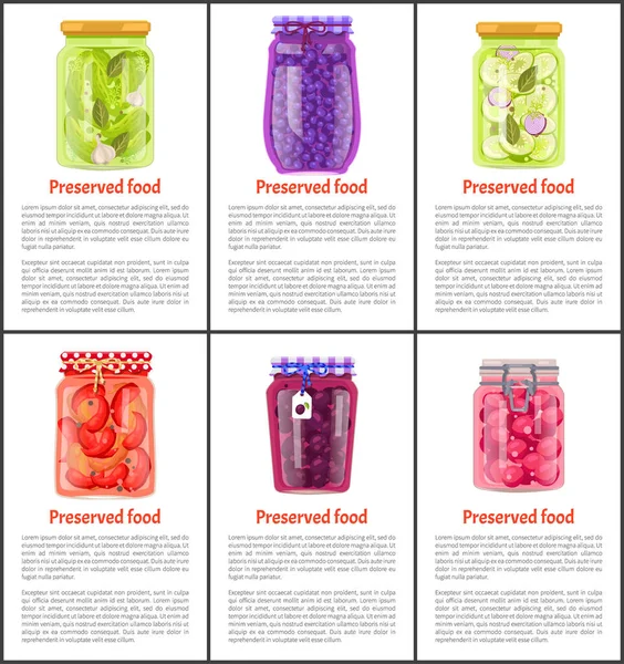 Preserved Food Posters Text Glass Pots Pickled Vegetables Cucumbers Peppers — Image vectorielle