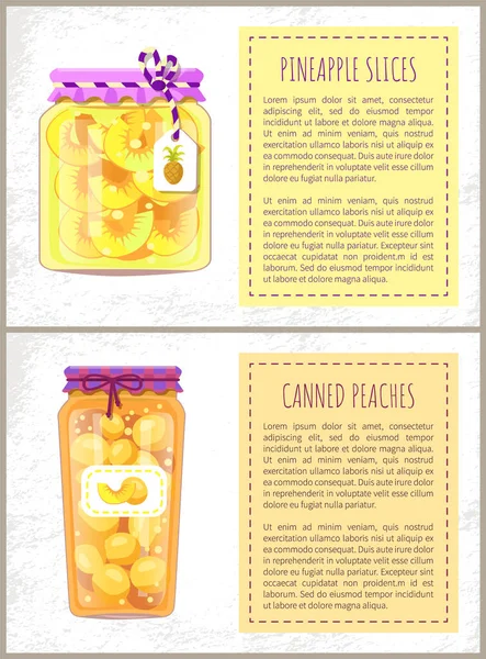 Pineapple Slices Canned Peaches Posters Set Text Conserved Fruits Preservation — Vector de stock