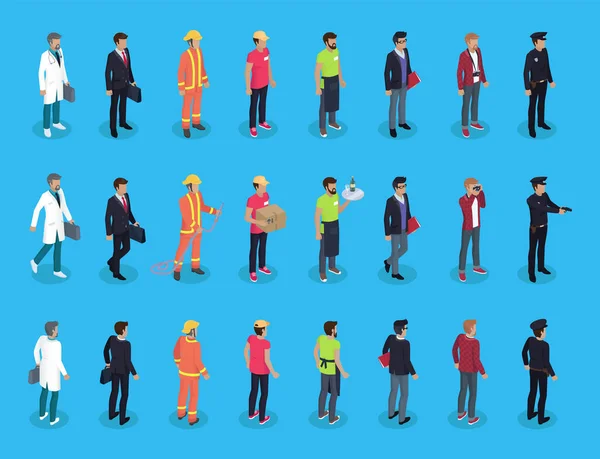 People Professions Characters Isometric Vector Men Varied Clothing Doctor Policeman — Stockvektor