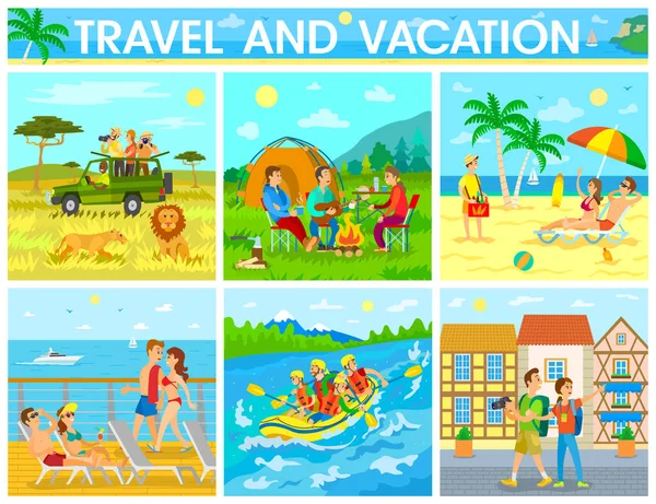 Travel Vacation Vector Illustration Tourists Active Rest Sea Trip Journey — Vetor de Stock