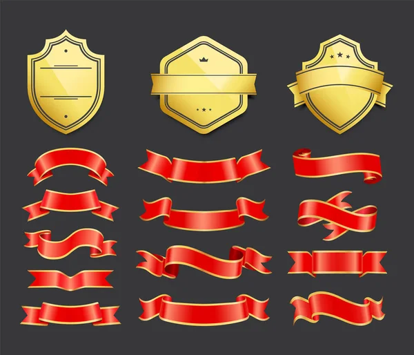 Abrigos Oro Armas Con Cintas Icono Vector Decoración Escudos Brillantes — Vector de stock