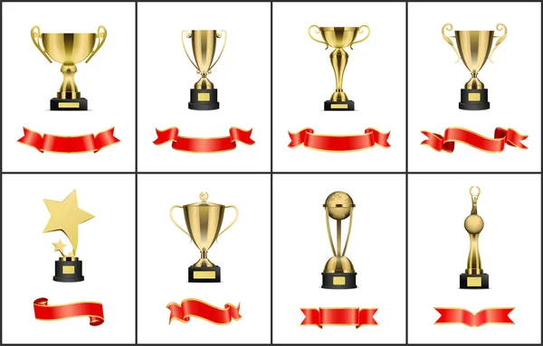 Κύπελλο Χρυσό Τρόπαιο Βραβείο Κόκκινες Κορδέλες Διάνυσμα Διακόσμηση Κύπελλο Λαβές — Διανυσματικό Αρχείο