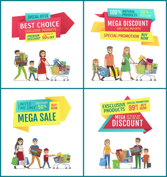 Best Choice Mega Sale Discount Banners Set Vector Illustration Happy — Vector de stock