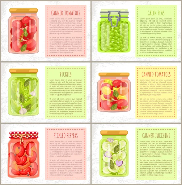 Canned Tomatoes Green Peas Pickles Pickled Peppers Zucchini Jar Onion — стоковый вектор