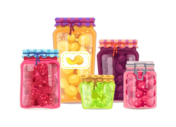 Peach Raspberry Lime Plum Jam Preserved Closed Glass Jars Sticker — 스톡 벡터