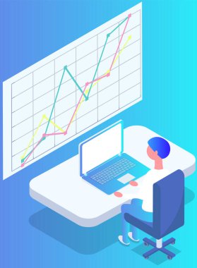 Analitik bilgi ve geliştirme istatistikleri. Web analiz ölçümü, ürün test teknolojisi. Adam gösterge panelinin optimizasyonunu, dijital raporunu analiz ediyor. Diyagramda istatistiksel göstergeler ve veriler