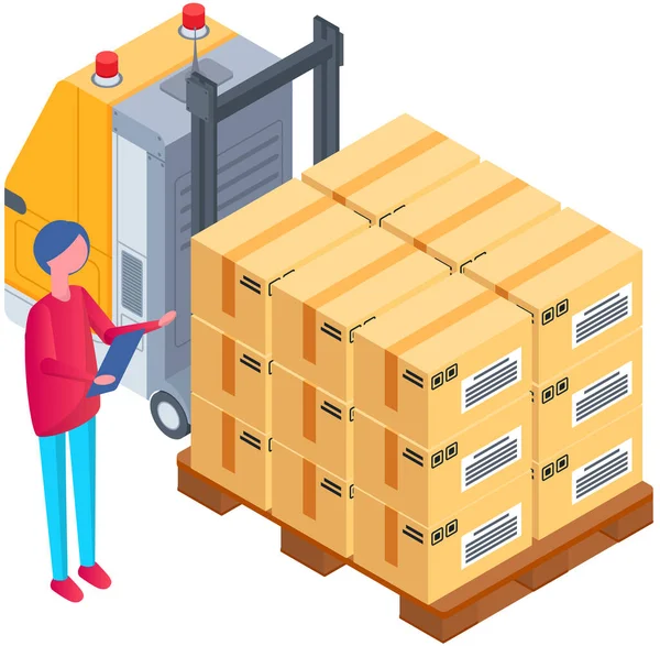 Driver Looks Forklift Boxes Carriage Cardboard Containers Parcels Delivery Service — 图库矢量图片
