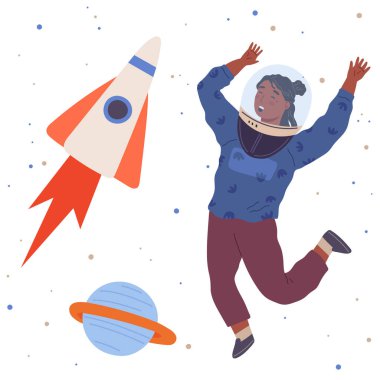 Astronaut woman with jet backpack. Lady dressed as astronaut at costume party. Outfit for holiday in cosmic style. Girl with self made jetpack flying to sky. Person in costume of space explorer