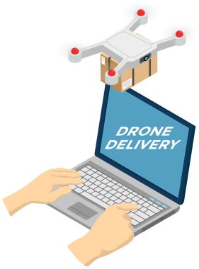 Kurye, uçan dron kullanarak paketi teslim ediyor. Gelecekteki teknolojiler, kuadrokopter, uzaktan kumanda, teslimatçı, güvenli teslimat servisi. Modern uçuş teçhizatı kullanarak hava yoluyla mal taşımacılığı