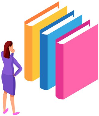 Kadın, kitap raflarının yanında edebiyat yığını olan kitap standları alıyor, kadın karakter okuyucular okumayı seviyor. Çevrimdışı kütüphane eğitimi belgelerini öğrenme. Kitap kütüphanesi, ders kitapları okumak