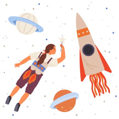 Astronaut woman with jet backpack. Lady dressed as astronaut at costume party. Outfit for holiday in cosmic style. Girl with self made jetpack flying to sky. Person in costume of space explorer