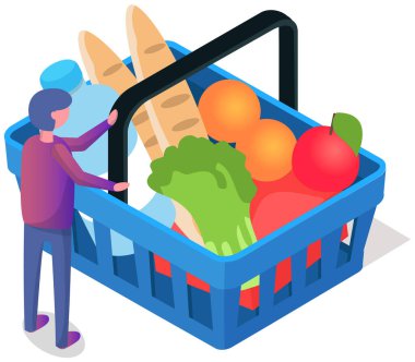 Shopping container full of fresh fruit and vegetables. Woman with grocery market purchases in basket. Lady buys food in grocery store. Consumer basket with essential products vector illustration