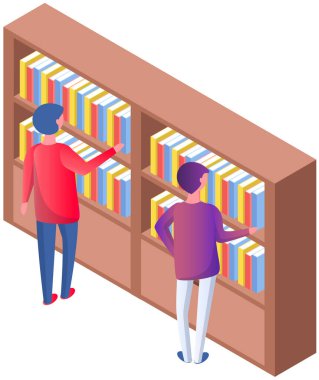 Kütüphane vektör kitaplığında kitap alan öğrenci. Erkek öğrenci okulunda, üniversitede ya da üniversitede okuyor. Kitapçıdaki adam kitaplığın yanında duruyor ve kitapların yığınları beyaza izole edilmiş.