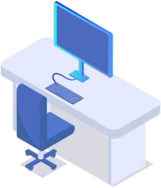 Empty office workplace interior design. Business objects, vector elements and equipment. Modern office with furniture, laptop on table, chairs, workspace at home or office premice without employees