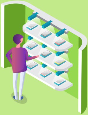 Man chooses smartphones at exhibition. Isometric composition with male character looking at mobile phones near promotion stand. Presentation of new technologies, gadgets, electronic devices at rack