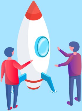 People standing near rocket, startup symbol. Colleagues start project, launch new plan, work with technology. Teamwork with planning business, launching idea. Characters work with business development