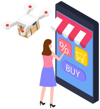 Modern technologies mobile online shopping, e-commerce, express shipping with flying drone. Delivery service delivers parcel using quadrocopter. Contactless shopping, payment and delivery online
