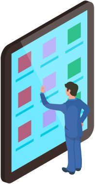 Man interacts with screen digital device presses app button on smartphone. Mobile phone, tablet with interface. Concept of business assistance. Interactive touch screen with application, phone service