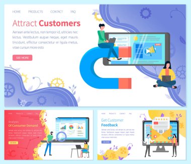 Set of web page design templates for consumer demand anaysis, getting feedback and customer attraction. People work with marketing, sales website optimization. Colleagues analyze customer base