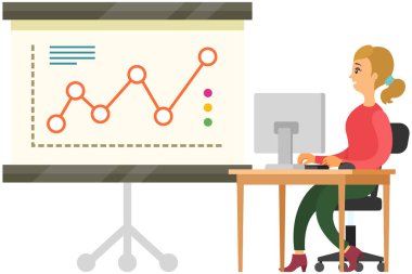 Analitik ve geliştirme istatistikleri. Web analiz ölçümü, ürün test teknolojisi. Kadın dijital raporu analiz ediyor. İstatistiksel göstergeler ve diyagramda veriler. Grafiksel bilgi görselleştirmesi