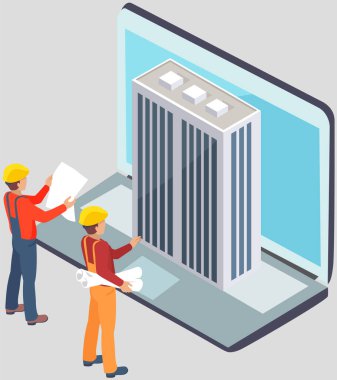 Architects analyse blueprint for construction. Modern architecture of city, town exterior. Engineers create plan of skyscrapers building, Builders work with futuristic architectural structures