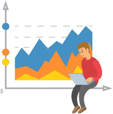 Analitik bilgi ve geliştirme istatistikleri. Web analiz ölçümü, ürün test teknolojisi. Adam gösterge panelinin optimizasyonunu, dijital raporunu analiz ediyor. Diyagramda istatistiksel göstergeler ve veriler