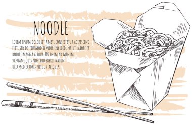 Doodle noodle lettering, banner wok vector hand drawing sketch. Isolated chinese box and chopsticks with noodles. Japanese dinner detailed fast asian food in restaurant. Great for banner, poster, sign