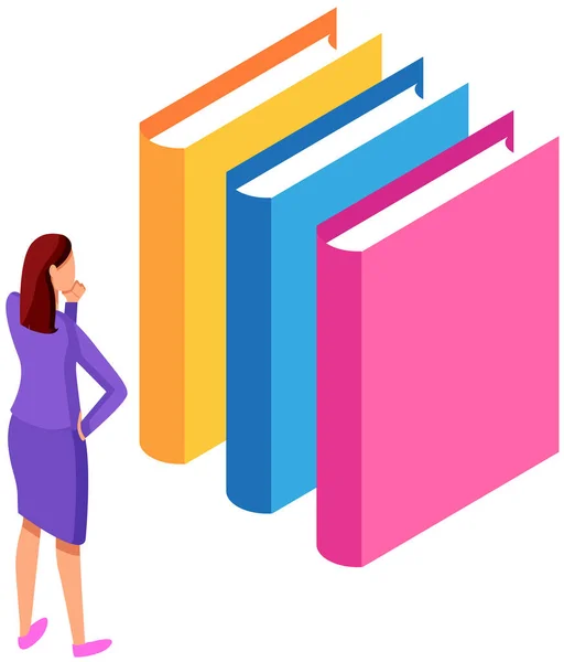 Woman Takes Book Stands Shelf Stack Literature Female Character Reader — Archivo Imágenes Vectoriales
