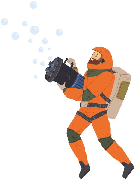 Astronaut Spaceman Shoots Bubble Gun Man Dressed Space Defender Costume — Stockvektor