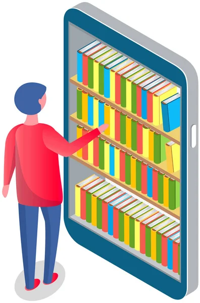 Homme Choisit Livre Dans Bibliothèque Numérique Ligne Librairie Dans Application — Image vectorielle