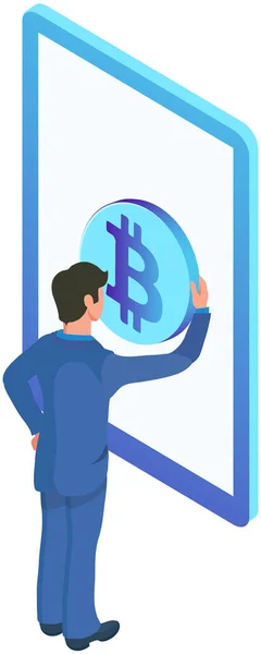 Businessman Trades Bitcoins Cryptocurrency Exchange Analysing Trading Performance Financial Platform — Vector de stock