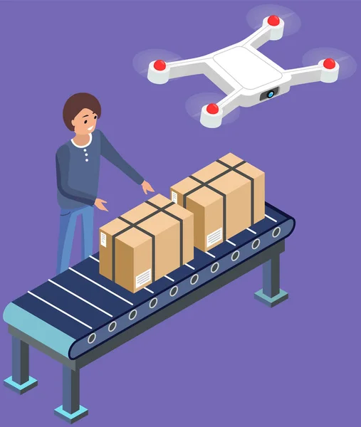 Courier Delivers Parcel Using Flying Drone Future Technologies Quadrocopter Remote — Wektor stockowy